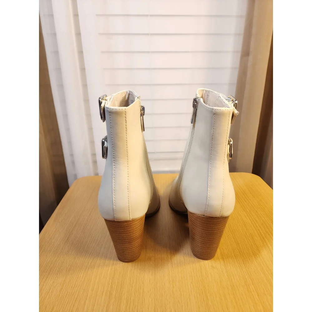 Steve Madden LEATHER Modern Buckle Weaved Western Boots Bootie 10 M Ivory Bone